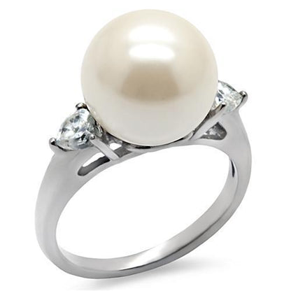 MATK090 - High polished (no plating) Stainless Steel Ring with Synthetic Pearl in Aurora Borealis (Rainbow Effect)