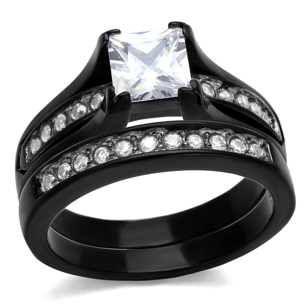 MATK0W383J - Two-Tone IP Black Stainless Steel Ring with AAA Grade CZ  in Clear