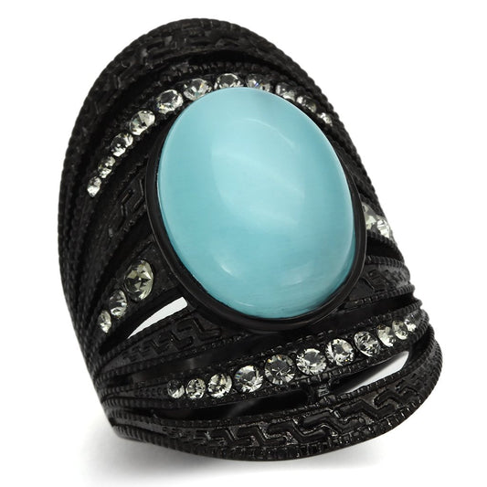 MATK1006 - IP Black(Ion Plating) Stainless Steel Ring with Synthetic Cat Eye in Sea Blue