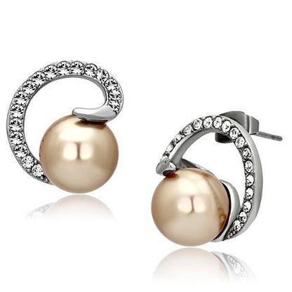 MATK1041 - High polished (no plating) Stainless Steel Earrings with Synthetic Pearl in Brown
