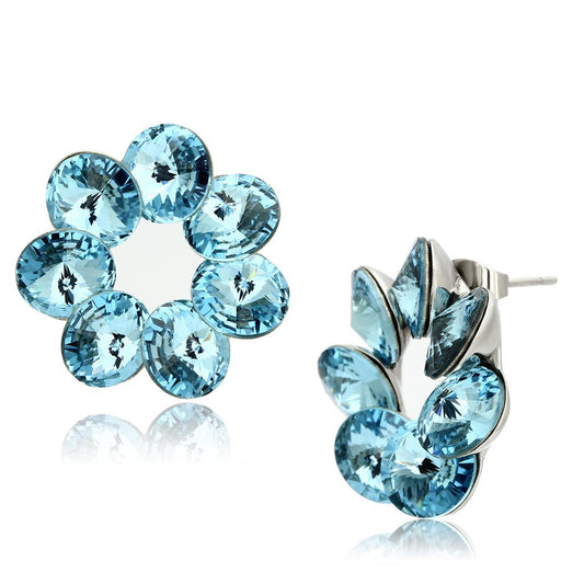 MATK1044 - High polished (no plating) Stainless Steel Earrings with Top Grade Crystal  in Sea Blue
