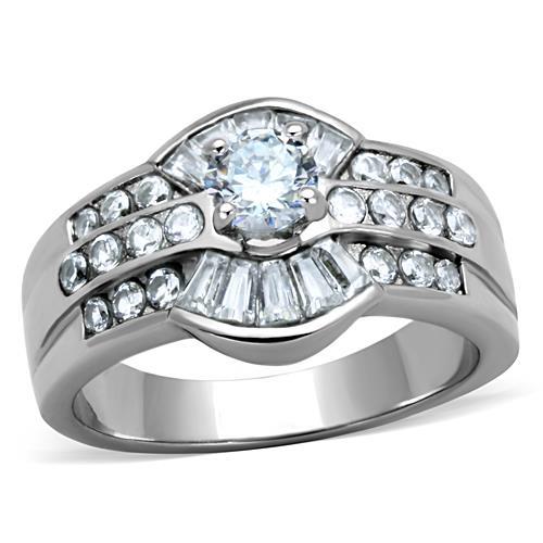 MATK10528 - High polished (no plating) Stainless Steel Ring with AAA Grade CZ  in Clear