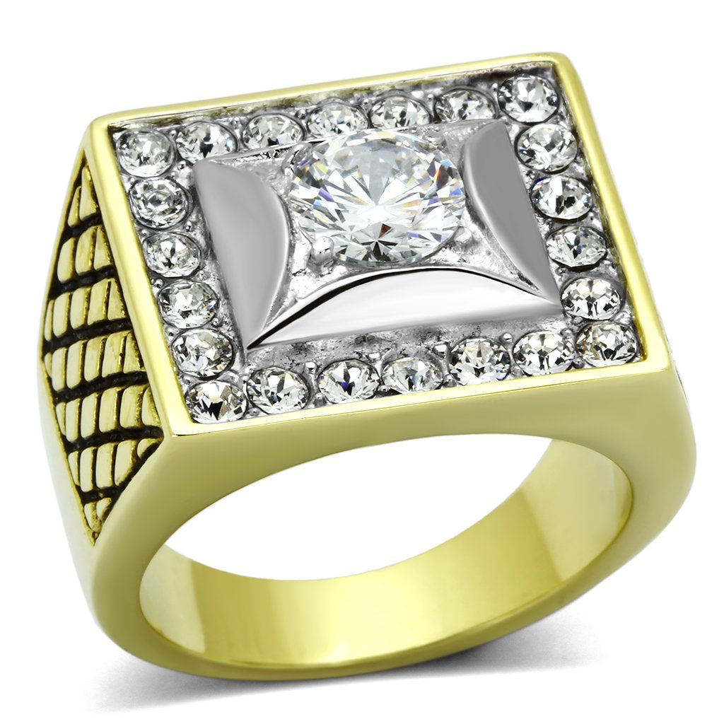 MATK1061 - Two-Tone IP Gold (Ion Plating) Stainless Steel Ring with AAA Grade CZ  in Clear