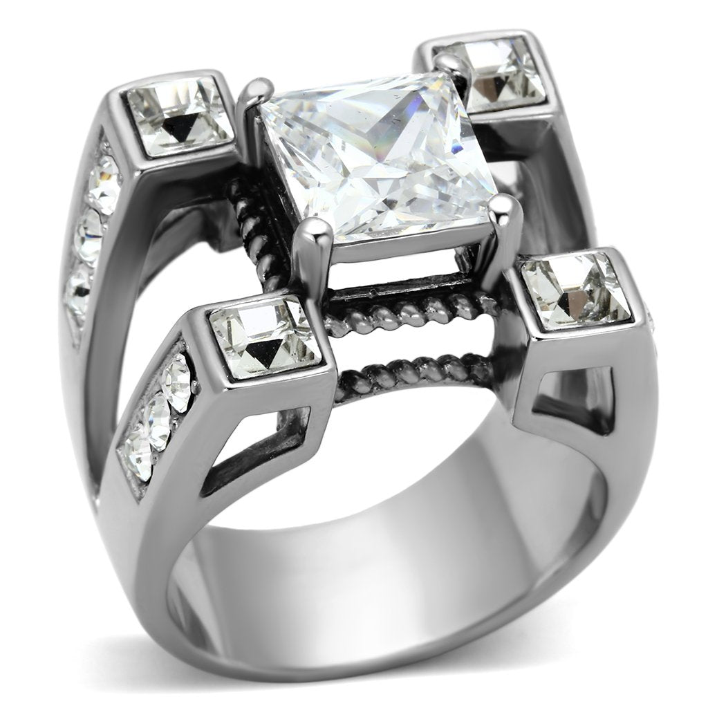 MATK1072 - High polished (no plating) Stainless Steel Ring with AAA Grade CZ  in Clear