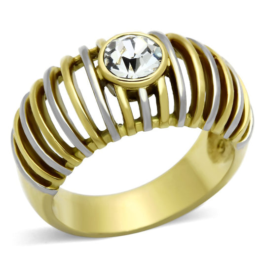 MATK1095 - Two-Tone IP Gold (Ion Plating) Stainless Steel Ring with Top Grade Crystal  in Clear