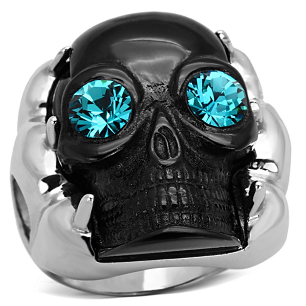 MATK1118 - Two-Tone IP Black Stainless Steel Ring with Top Grade Crystal  in Blue Zircon