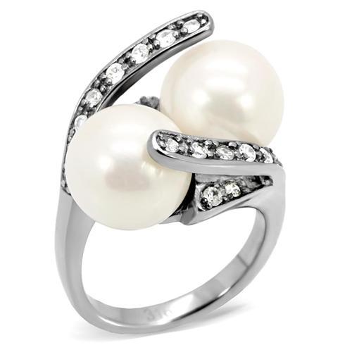 MATK113 - High polished (no plating) Stainless Steel Ring with Synthetic Pearl in White