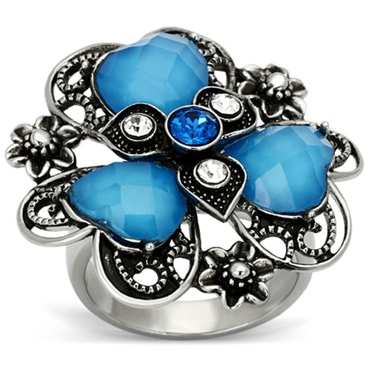 MATK1149 - High polished (no plating) Stainless Steel Ring with Synthetic Synthetic Stone in Sea Blue