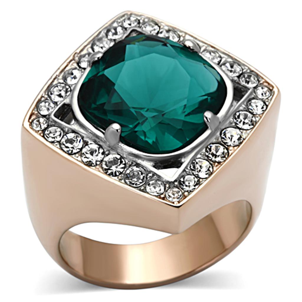 MATK1160 - Two-Tone IP Rose Gold Stainless Steel Ring with Synthetic Synthetic Glass in Blue Zircon