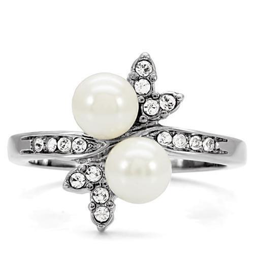 MATK116 - High polished (no plating) Stainless Steel Ring with Synthetic Pearl in White