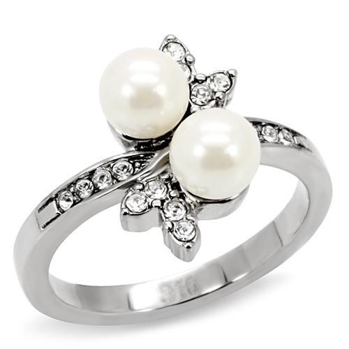 MATK116 - High polished (no plating) Stainless Steel Ring with Synthetic Pearl in White