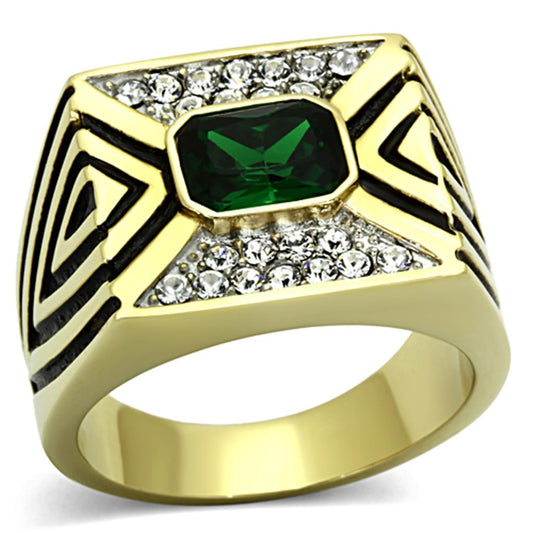 MATK1195 - Two-Tone IP Gold (Ion Plating) Stainless Steel Ring with Synthetic Synthetic Glass in Emerald