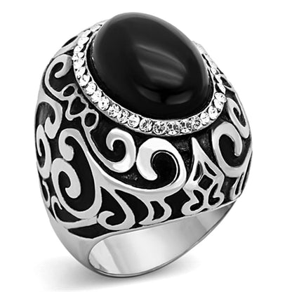 MATK1211 - High polished (no plating) Stainless Steel Ring with Synthetic Cat Eye in Jet