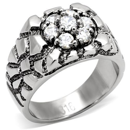 MATK121 - High polished (no plating) Stainless Steel Ring with AAA Grade CZ  in Clear