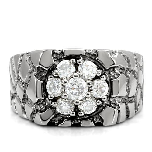 MATK121 - High polished (no plating) Stainless Steel Ring with AAA Grade CZ  in Clear