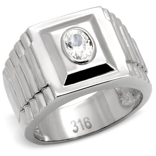 MATK122 - High polished (no plating) Stainless Steel Ring with AAA Grade CZ  in Clear