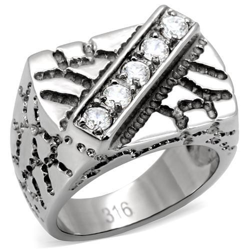 MATK124 - High polished (no plating) Stainless Steel Ring with AAA Grade CZ  in Clear