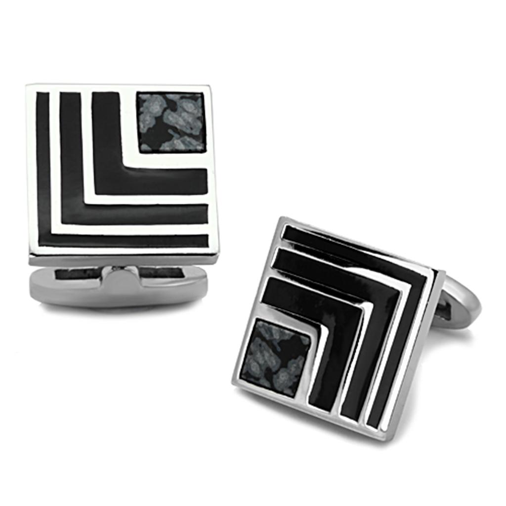 MATK1269 - High polished (no plating) Stainless Steel Cufflink with Synthetic Onyx in Jet