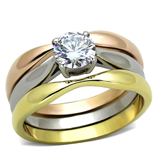 MATK1278 - Three Tone (IP Gold & IP Rose Gold & High Polished) Stainless Steel Ring with AAA Grade CZ  in Clear