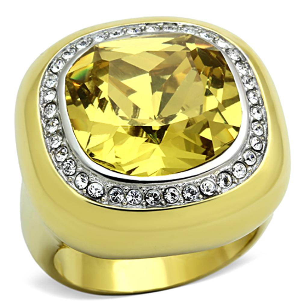 MATK1285 - Two-Tone IP Gold (Ion Plating) Stainless Steel Ring with Synthetic Synthetic Glass in Topaz
