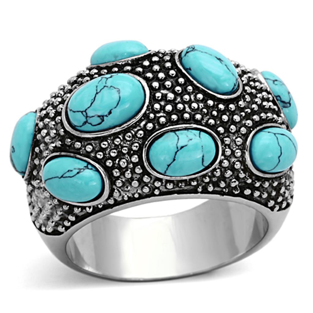 MATK1308 - High polished (no plating) Stainless Steel Ring with Synthetic Turquoise in Sea Blue