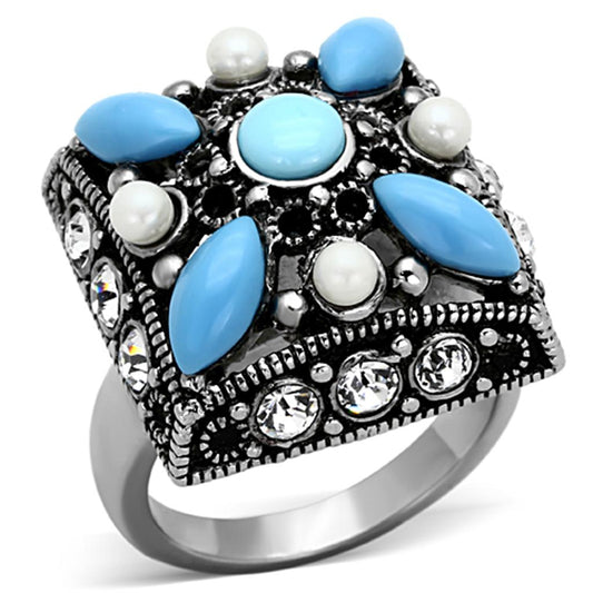 MATK1309 - High polished (no plating) Stainless Steel Ring with Synthetic Turquoise in Sea Blue