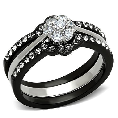 MATK1345 - Two-Tone IP Black Stainless Steel Ring with AAA Grade CZ  in Clear