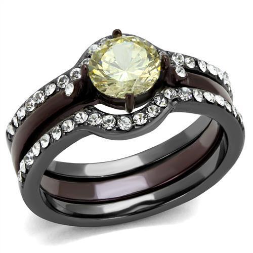 MATK1346DC - IP Light Black (IP Gun) & IP Dark Brown (IP coffee) Stainless Steel Ring with AAA Grade CZ  in Citrine Yellow