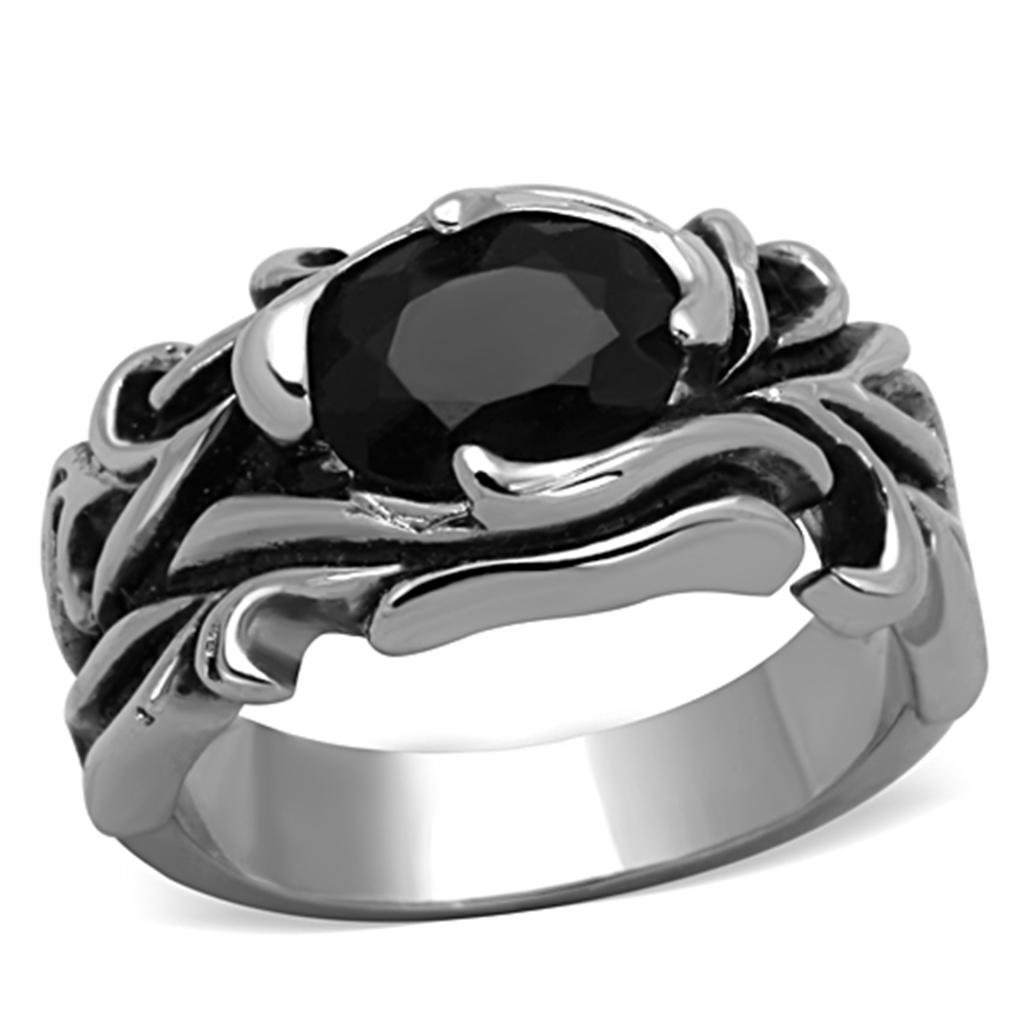MATK1355 - High polished (no plating) Stainless Steel Ring with Synthetic Synthetic Glass in Jet