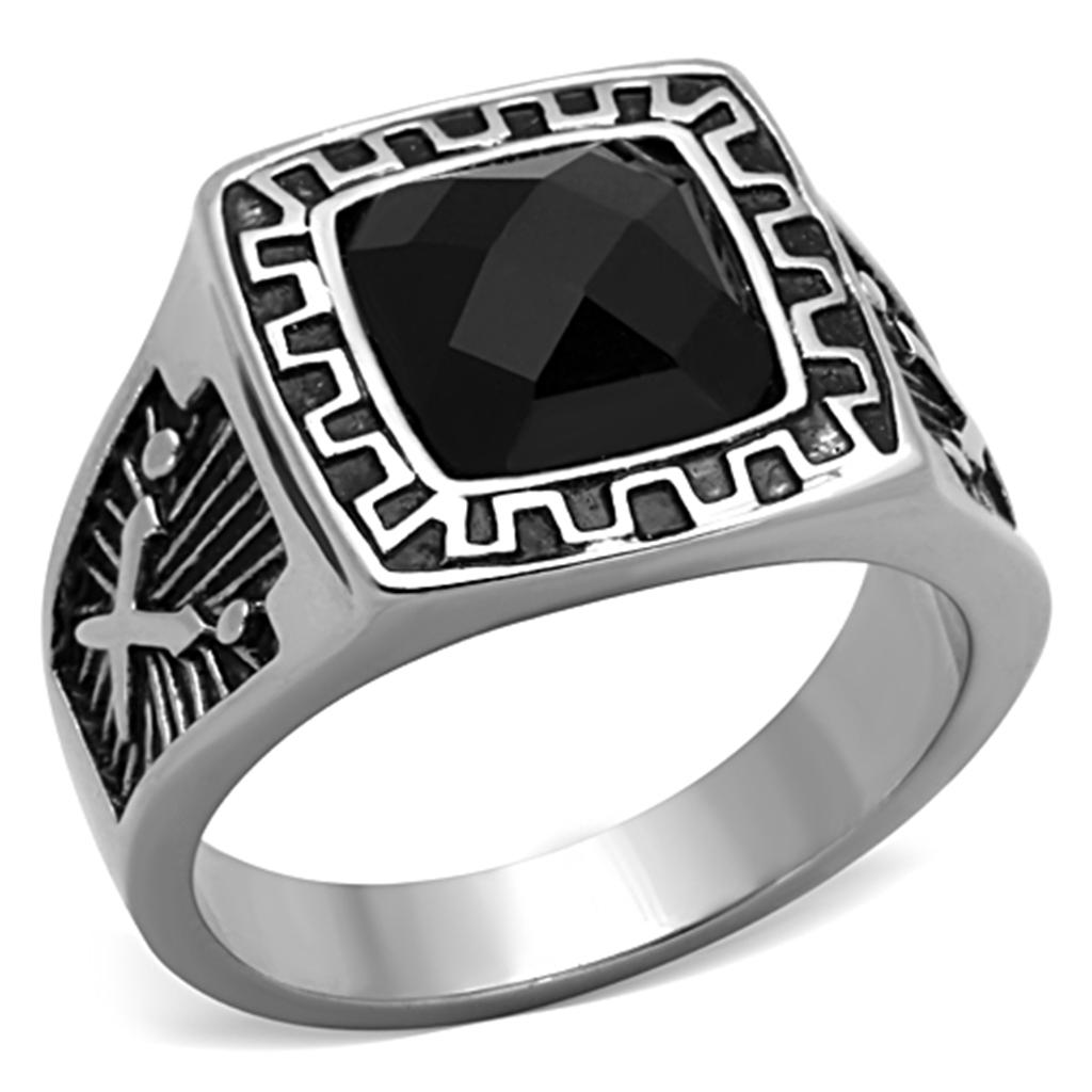 MATK1356 - High polished (no plating) Stainless Steel Ring with Synthetic Synthetic Glass in Jet