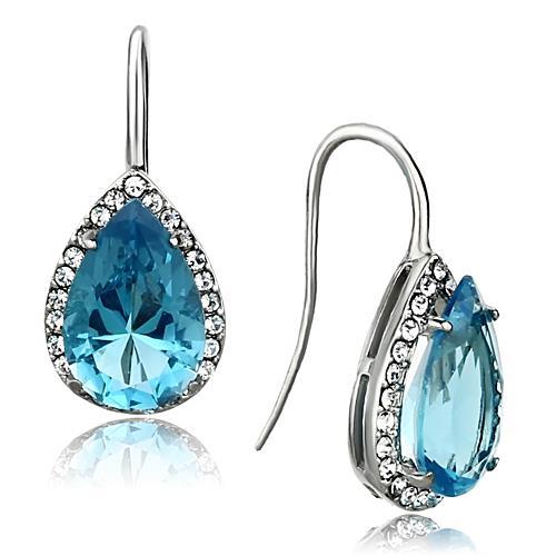 MATK1373 - High polished (no plating) Stainless Steel Earrings with Synthetic Synthetic Glass in Sea Blue
