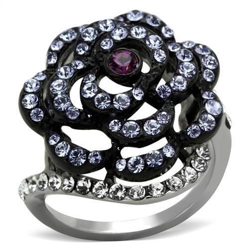 MATK1422 - Two-Tone IP Black Stainless Steel Ring with Top Grade Crystal  in Amethyst