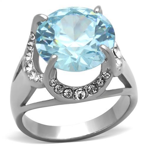 MATK1423 - High polished (no plating) Stainless Steel Ring with AAA Grade CZ  in Sea Blue