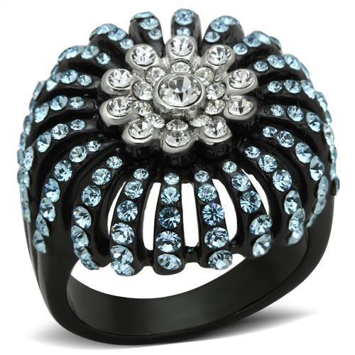 MATK1442 - Two-Tone IP Black Stainless Steel Ring with Top Grade Crystal  in Sea Blue