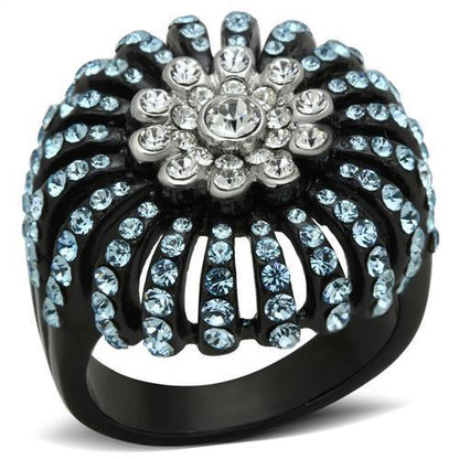 MATK1442 - Two-Tone IP Black Stainless Steel Ring with Top Grade Crystal  in Sea Blue