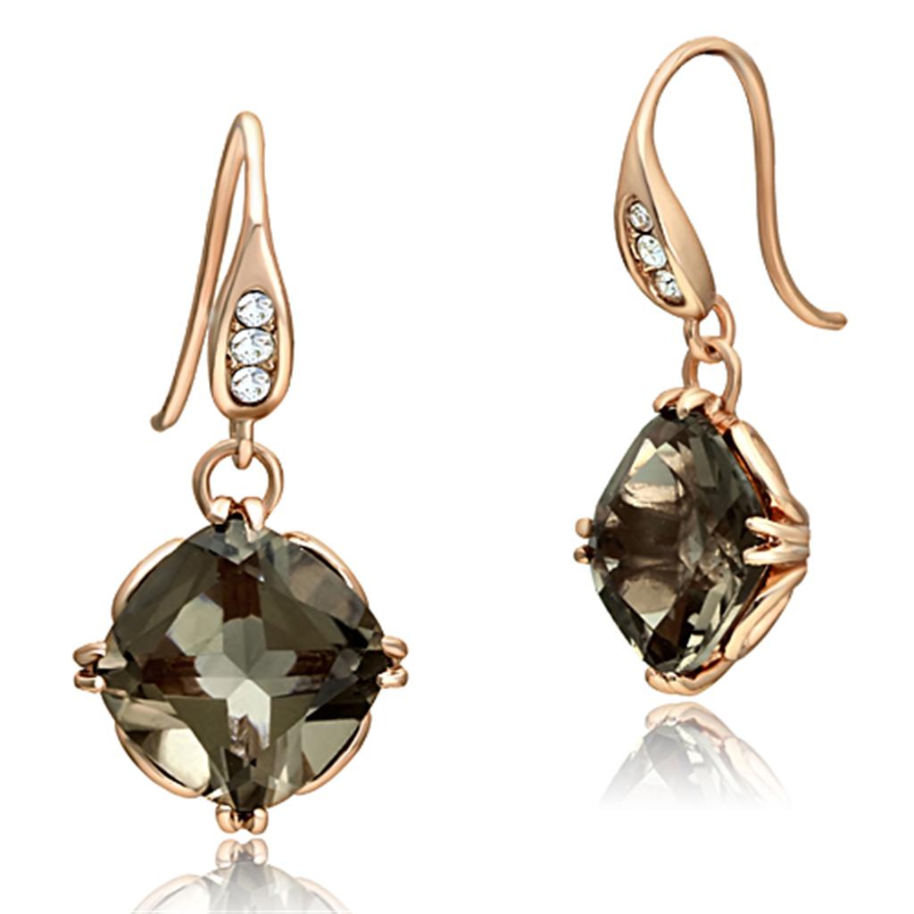 MATK1509 - IP Rose Gold(Ion Plating) Stainless Steel Earrings with Semi-Precious Smoky Quarter in Light Smoked