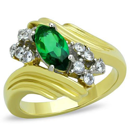 MATK1566 - Two-Tone IP Gold (Ion Plating) Stainless Steel Ring with Synthetic Synthetic Glass in Emerald