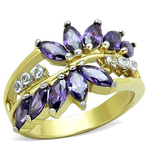 MATK1568 - Two-Tone IP Gold (Ion Plating) Stainless Steel Ring with AAA Grade CZ  in Amethyst
