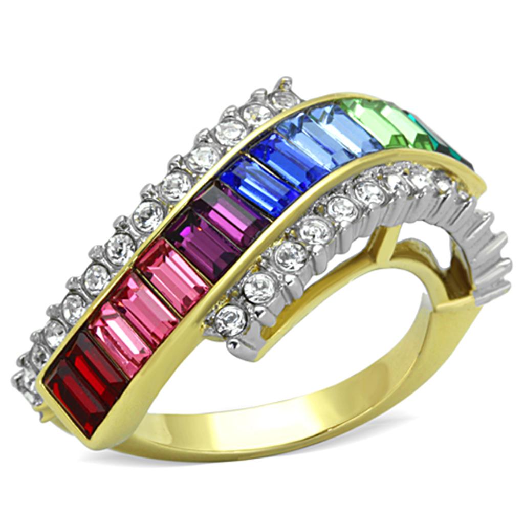 MATK1575 - Two-Tone IP Gold (Ion Plating) Stainless Steel Ring with Top Grade Crystal  in Multi Color