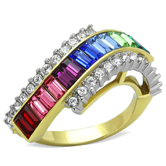 MATK1575 - Two-Tone IP Gold (Ion Plating) Stainless Steel Ring with Top Grade Crystal  in Multi Color