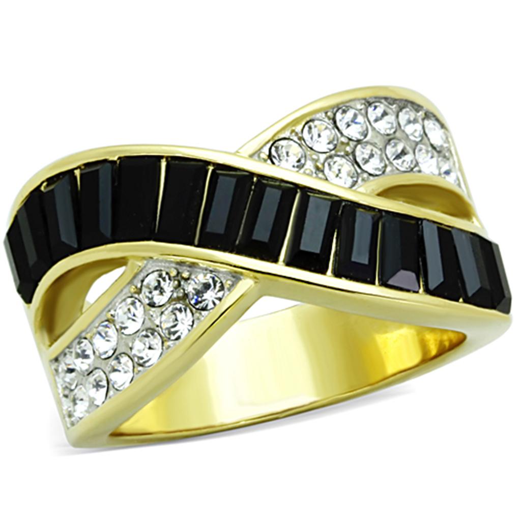 MATK1577 - Two-Tone IP Gold (Ion Plating) Stainless Steel Ring with Top Grade Crystal  in Jet
