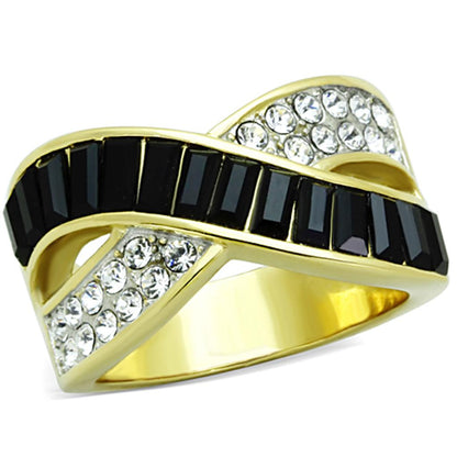 MATK1577 - Two-Tone IP Gold (Ion Plating) Stainless Steel Ring with Top Grade Crystal  in Jet
