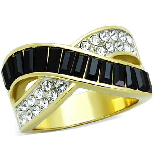 MATK1577 - Two-Tone IP Gold (Ion Plating) Stainless Steel Ring with Top Grade Crystal  in Jet