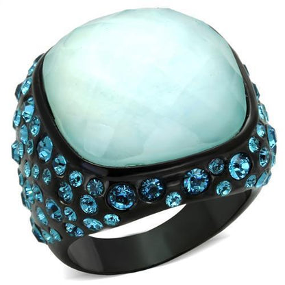 MATK1617 - IP Black(Ion Plating) Stainless Steel Ring with Synthetic Synthetic Glass in Sea Blue