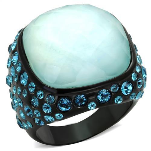 MATK1617 - IP Black(Ion Plating) Stainless Steel Ring with Synthetic Synthetic Glass in Sea Blue