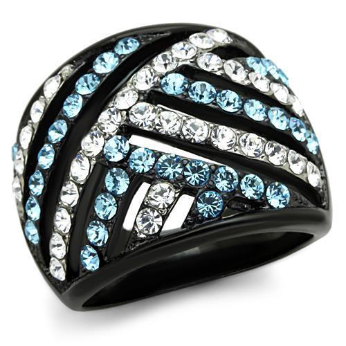 MATK1663 - Two-Tone IP Black Stainless Steel Ring with Top Grade Crystal  in Sea Blue