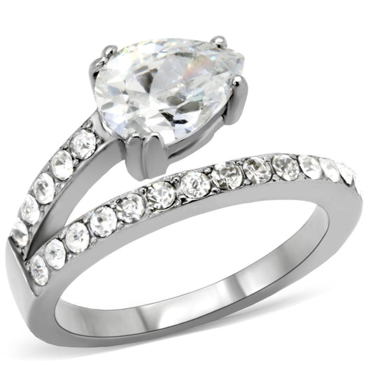 MATK166 - High polished (no plating) Stainless Steel Ring with AAA Grade CZ  in Clear