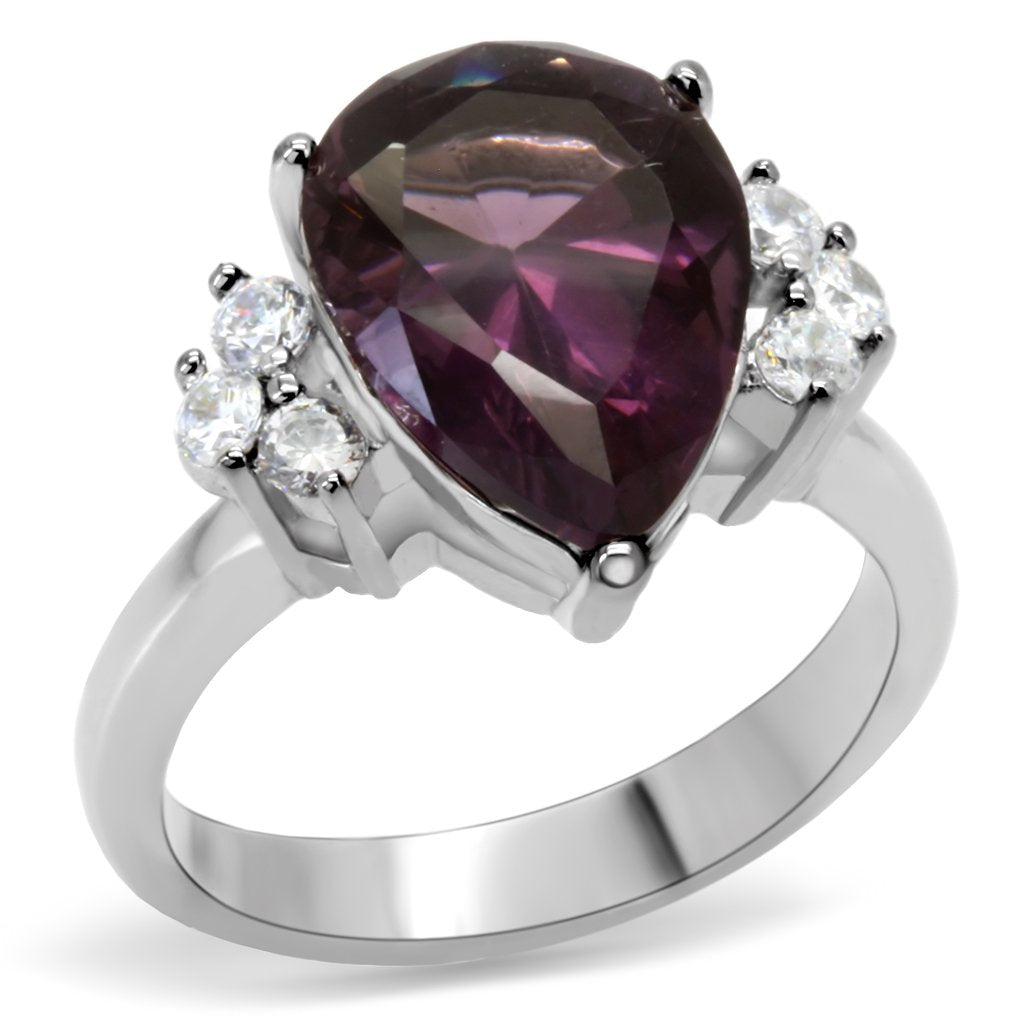 MATK167 - High polished (no plating) Stainless Steel Ring with Synthetic Synthetic Glass in Amethyst