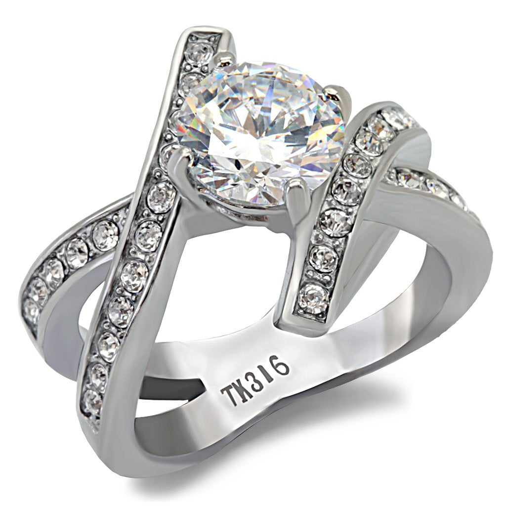 MATK169 - High polished (no plating) Stainless Steel Ring with AAA Grade CZ  in Clear
