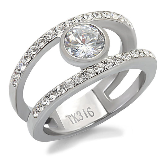 MATK171 - High polished (no plating) Stainless Steel Ring with AAA Grade CZ  in Clear